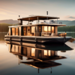 A serene scene of a luxurious houseboat floating on a calm lake during sunset, with descriptive labels pointing to various service options available such a