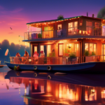 Create an image depicting a charming and picturesque scene of a houseboat floating peacefully on a serene river at sunset. The houseboat is tastefully deco