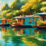 Create an image of a picturesque scene featuring a variety of houseboats docked along a serene riverbank. Include a couple of individuals engaged in an ani