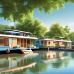 Create an image of a serene riverside scene featuring a fleet of modern houseboats available for rent. Each houseboat is stylishly designed with spacious d