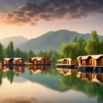 Create an image of a charming and serene scene featuring a variety of rented houseboats anchored on a placid lake at sunset. The landscape is surrounded by