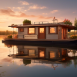 Create an image of a serene, picturesque houseboat gently floating on a calm lake during a beautiful sunset. The houseboat is depicted with cozy, inviting