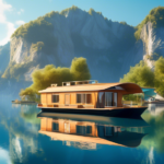 Create an image of a serene houseboat floating on a tranquil lake under a clear blue sky. The houseboat is envisioned with a peaceful and scenic backdrop o