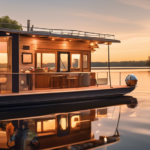 Create an image of a serene and picturesque scene featuring a modern and well-equipped houseboat gliding through calm and reflective waters at sunset. On t